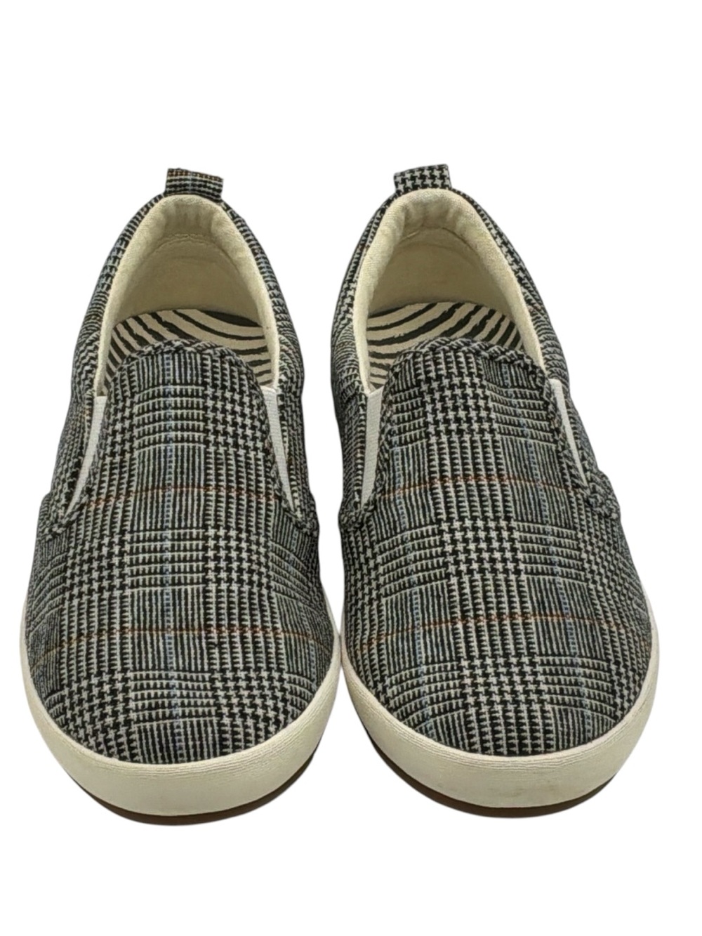 Taos Footwear Plaid Black, white, orange stripes Slip-On Sneakers women Sz 6.